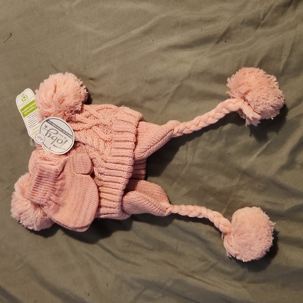 Toby & Me Infant Pink Knit Pom-Pom Hat & Mitten Set NWT